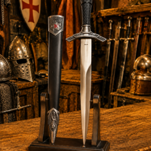 Dague templière – Pommeau pointu avec fourreau décoré