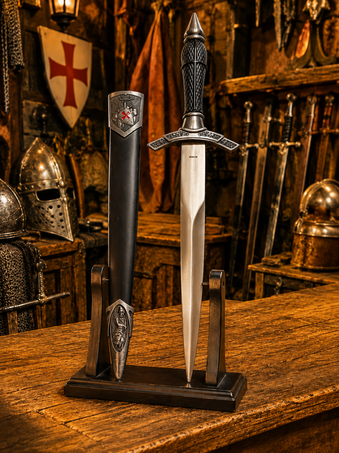 Dague templière – Pommeau pointu avec fourreau décoré