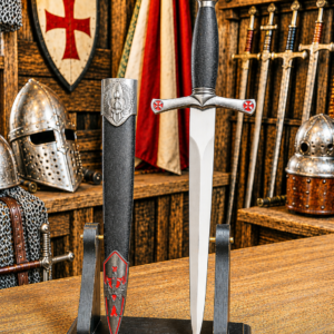 Dague templière – Heaume chevaleresque et croix rouges