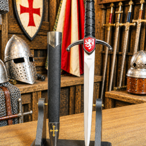 Dague médiévale au Lion – Croix dorées et fourreau noir