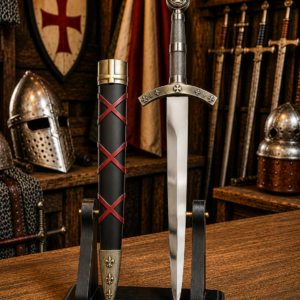Dague médiévale à croix – Fourreau noir et rouge