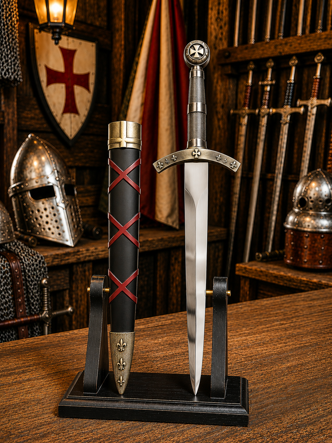Dague médiévale à croix – Fourreau noir et rouge