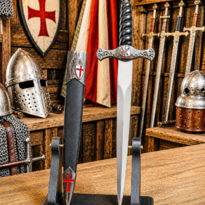 Dague templière – Croix rouge et pommeau heaume de chevalier