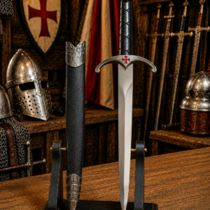 Dague templière Croix rouge et fourreau décoré