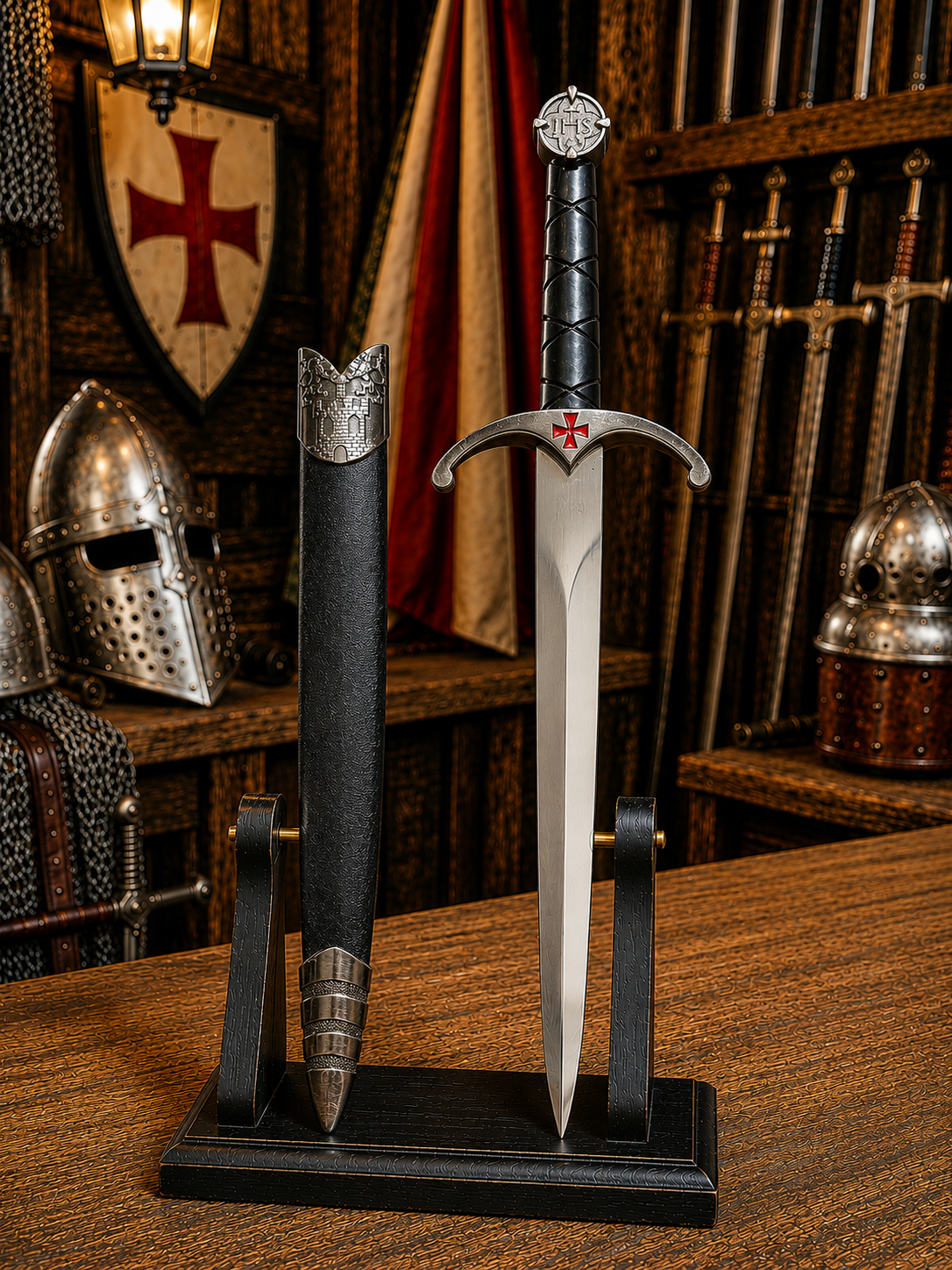 Dague templière Croix rouge et fourreau décoré