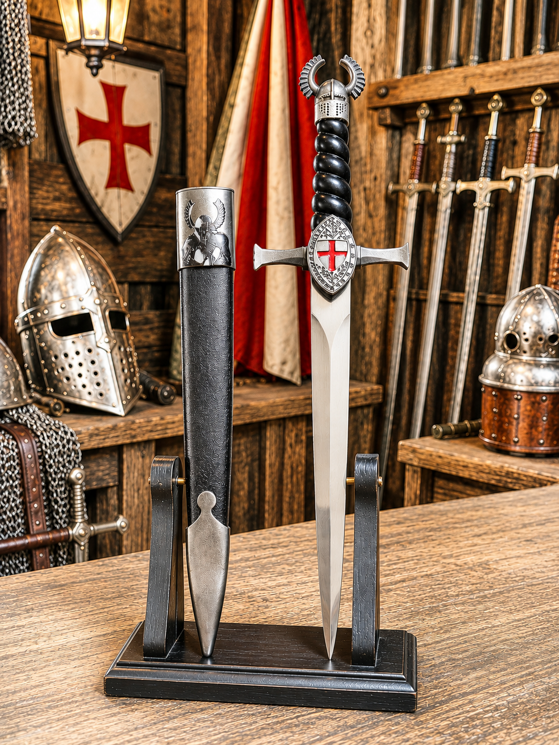 Dague médiévale d’inspiration teutonique – Pommeau heaume de chevalier